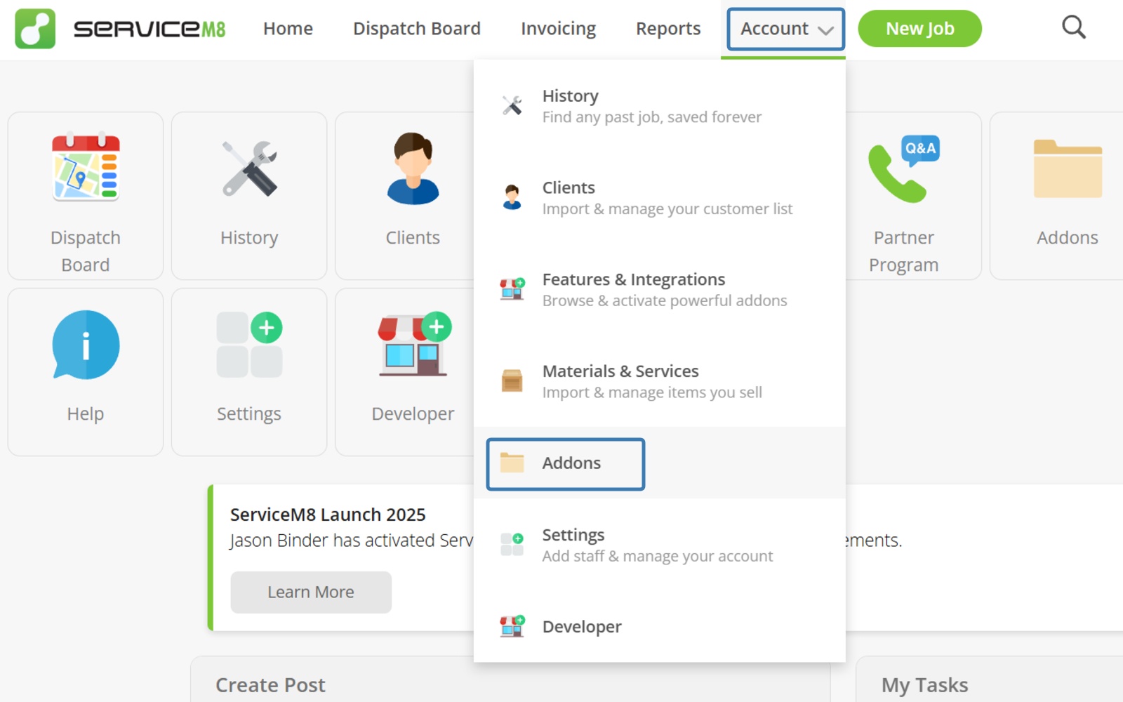 ServiceM8 Desktop menu path showing Account, Addons, and Xero Auto-Sent.