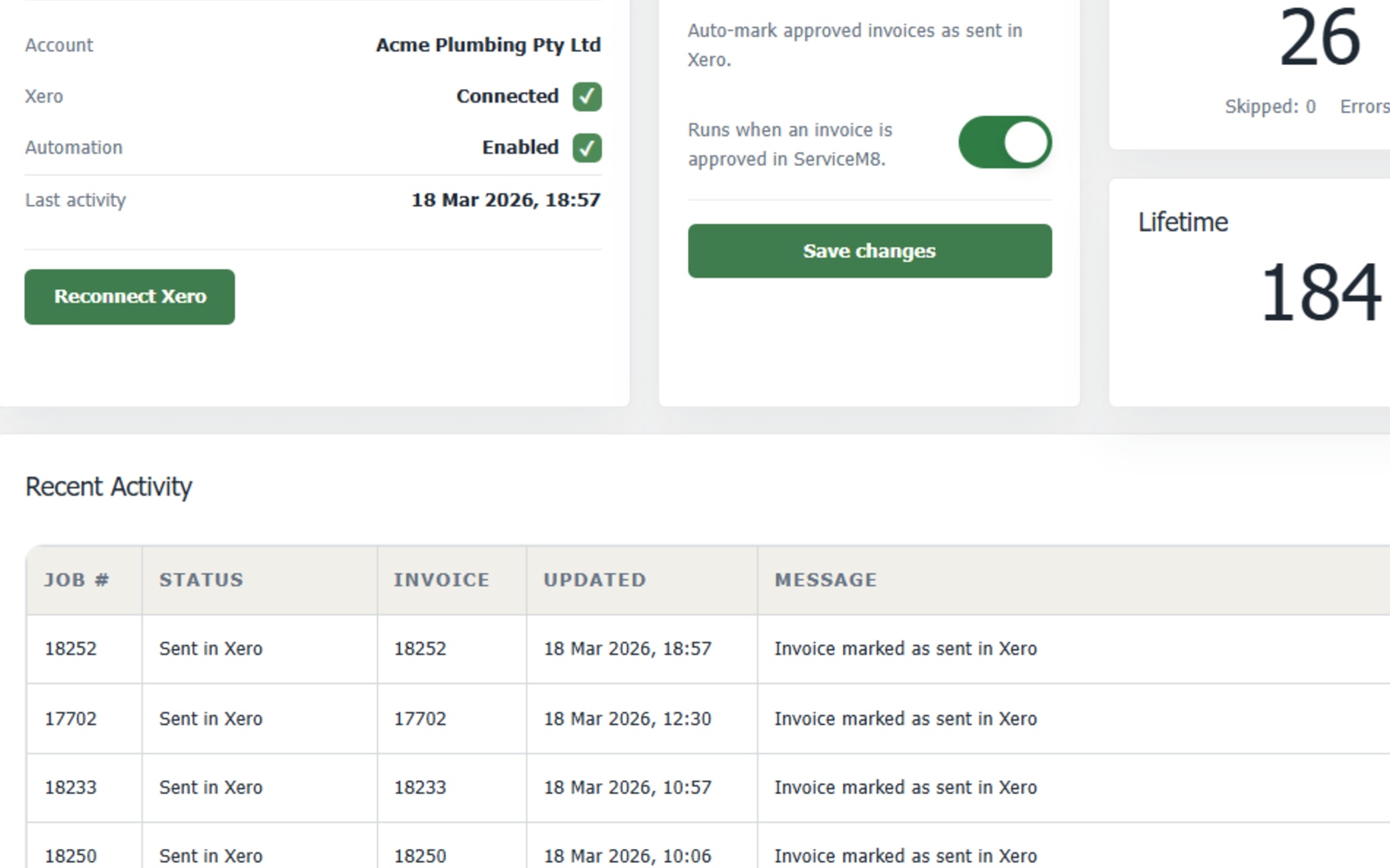 Xero Auto-Sent close-up dashboard view showing recent invoice activity outcomes.