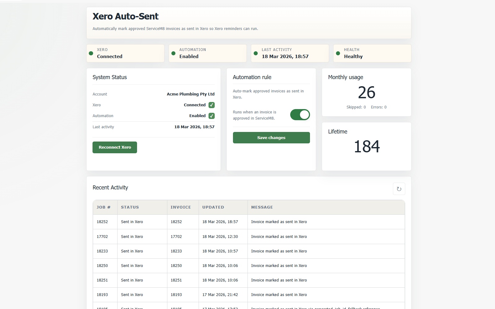Xero Auto-Sent dashboard overview screenshot