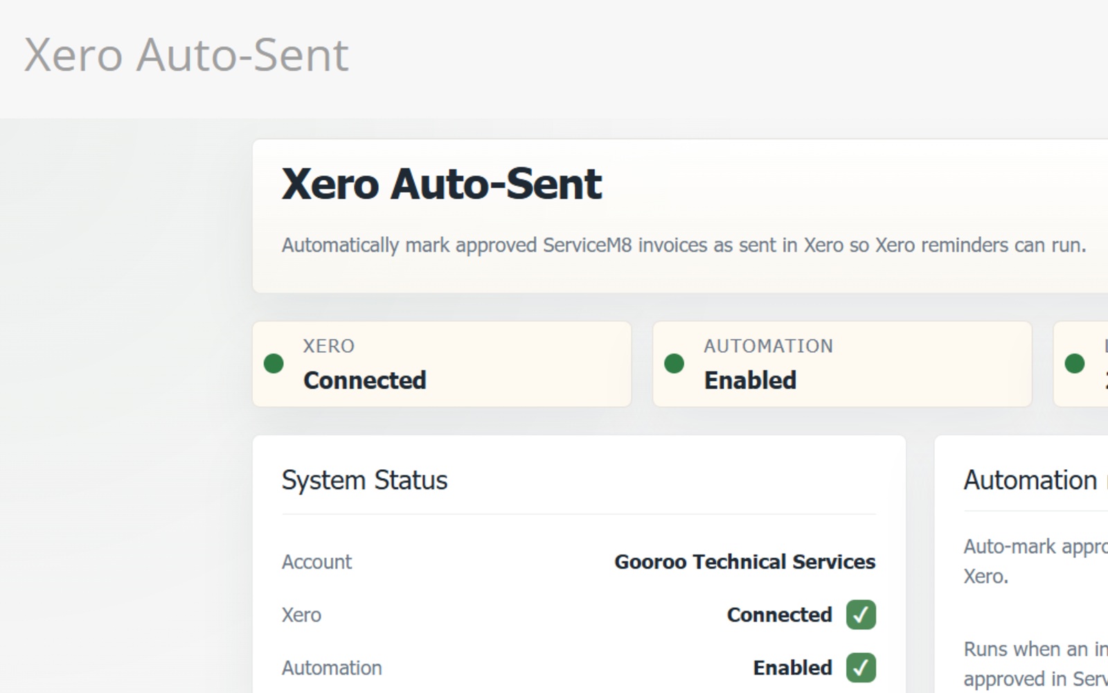 Xero Auto-Sent dashboard showing the connected Xero account state.